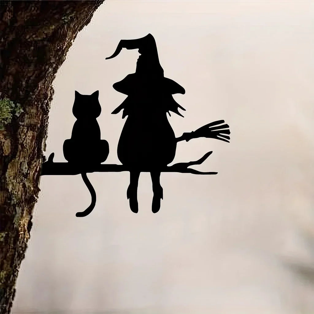 Witch on Broomstick Halloween Yard Stake — Metal Silhouette Decoration