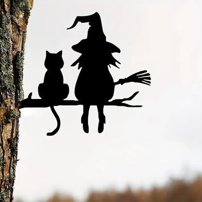 Witch & Cats Halloween Garden Stake — Black Metal Tree Silhouette