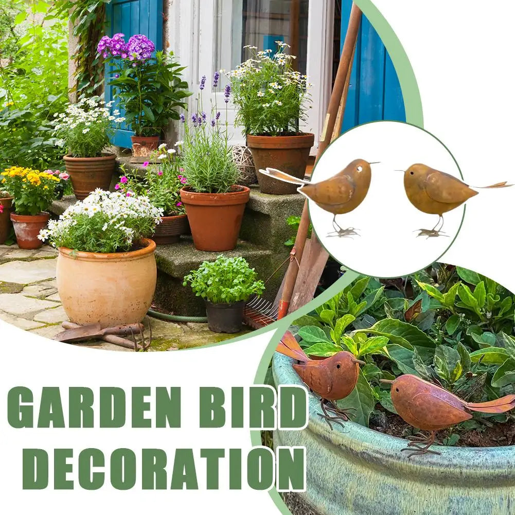 Retro Metal Bird Garden Sculptures — Set of 2 Rustic Iron Ornaments