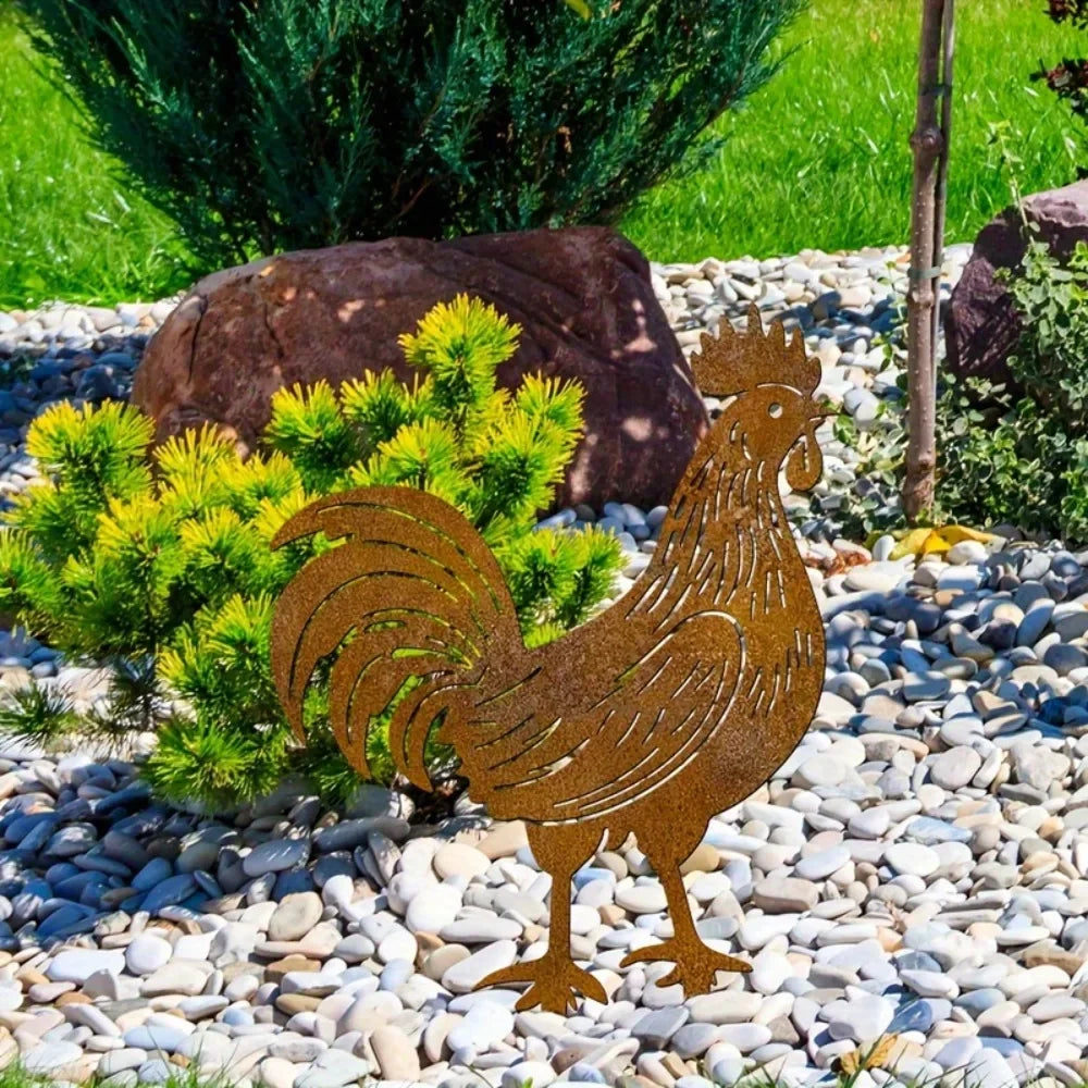 Large Rooster Garden Statue — Heavy-Duty Rustic Metal Farm Stake