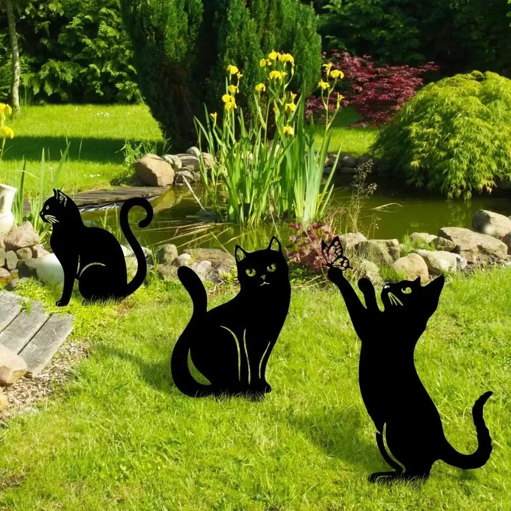 Cat Family Garden Statues — Metal Silhouette Stakes, Set of 3