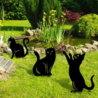 Cat Family Garden Statues — Metal Silhouette Stakes, Set of 3
