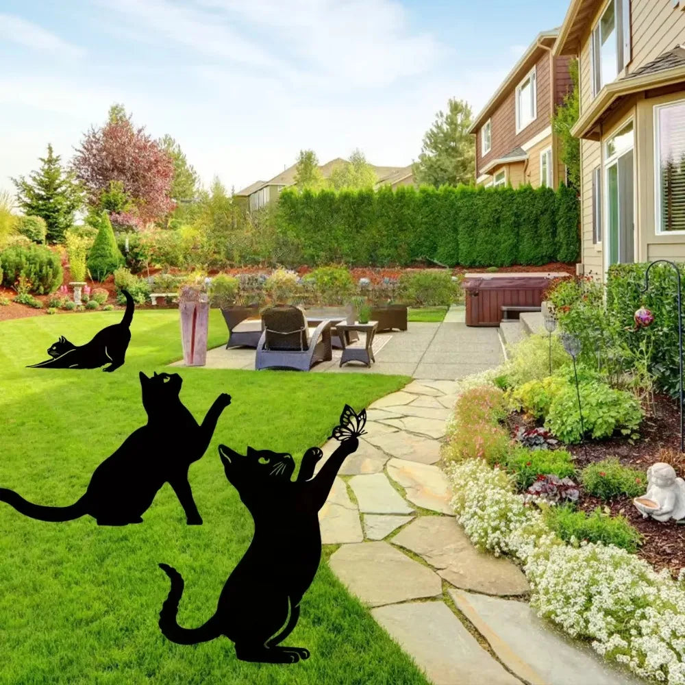 Cat Family Garden Statues — Metal Silhouette Stakes, Set of 3