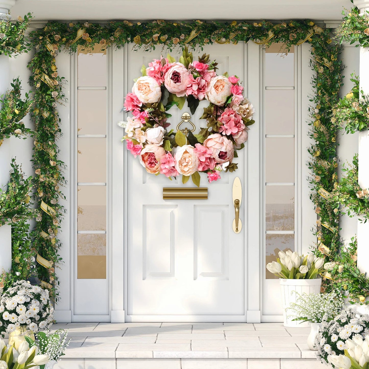 Peony Round Wreath – Artificial Floral Door Wreath for Home Decoration