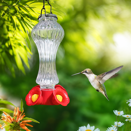 Glass Hummingbird Feeder with Ant Moat – Flower-Shaped Outdoor Bird Feeder
