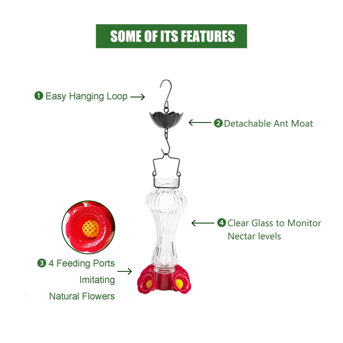 Glass Hummingbird Feeder with Ant Moat – Flower-Shaped Outdoor Bird Feeder