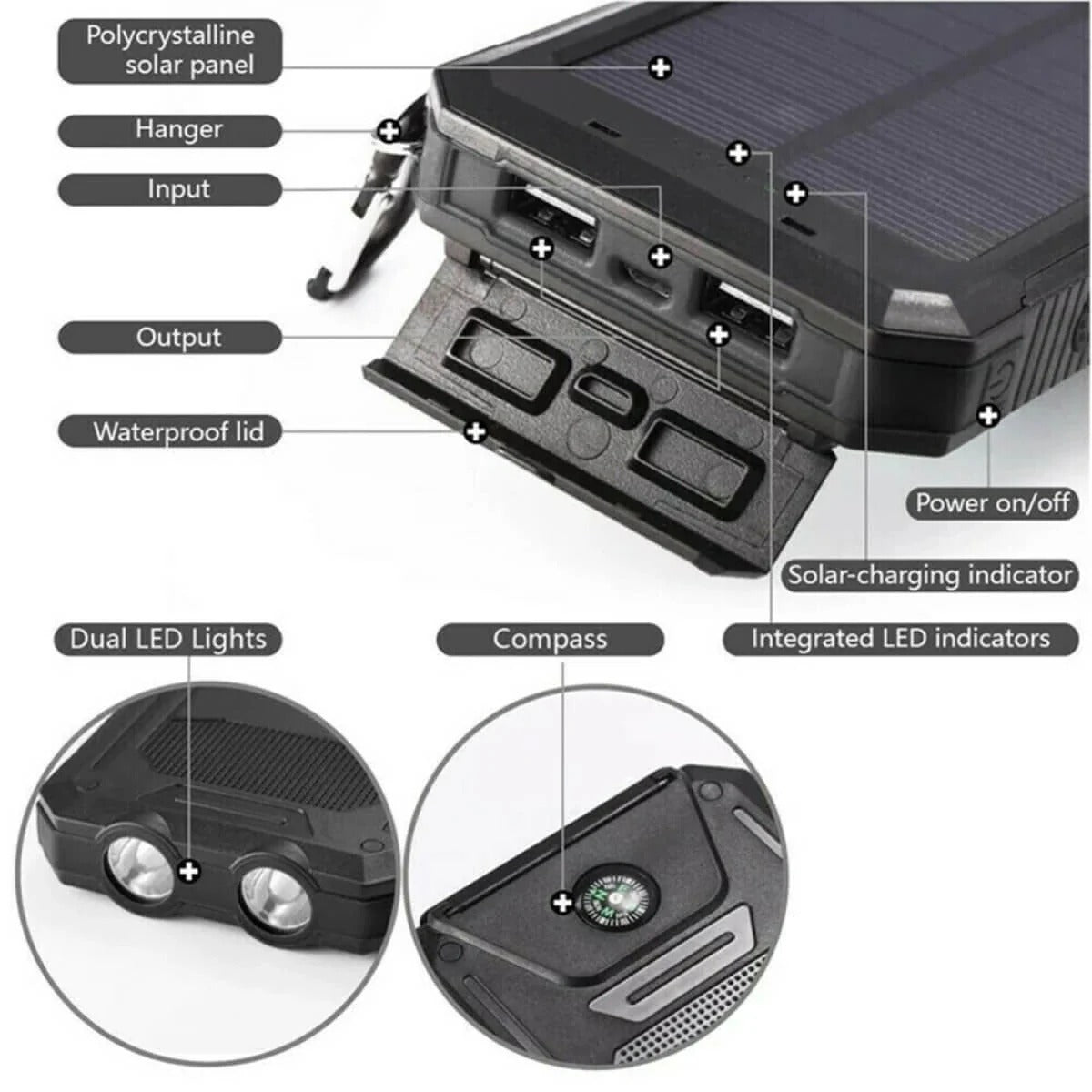 Solar Waterproof Power Bank Charger – Portable Outdoor Emergency Battery Pack